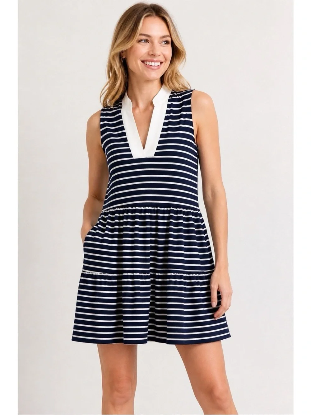 Eliza J Nautical Coastal Sailor Stripe Tiered Mini Dress Navy & White Striped xs - Picture 1 of 10